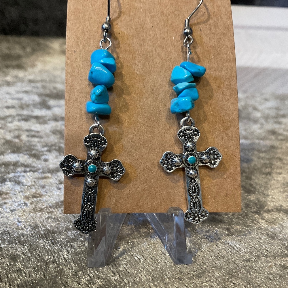 Faux Silver and  Turquoise Cross Dangle Pierced Earrings